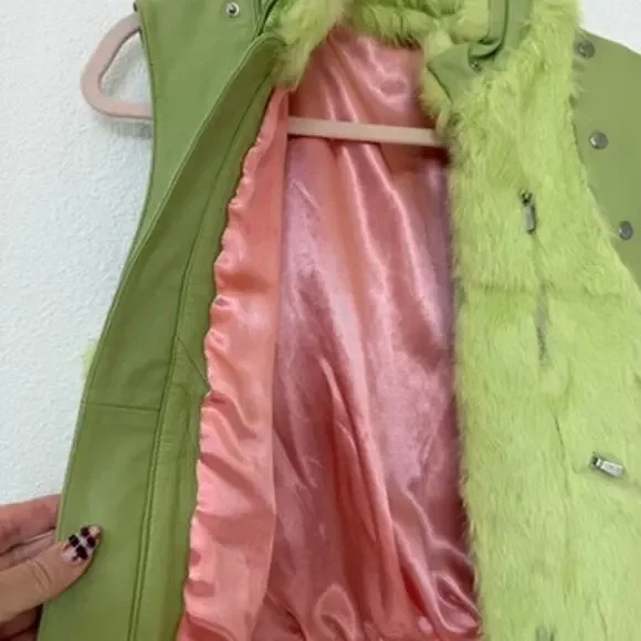 One Girl Who Rabbit Fur Leather Vest Green Pink Lined Y2K Statement Size S